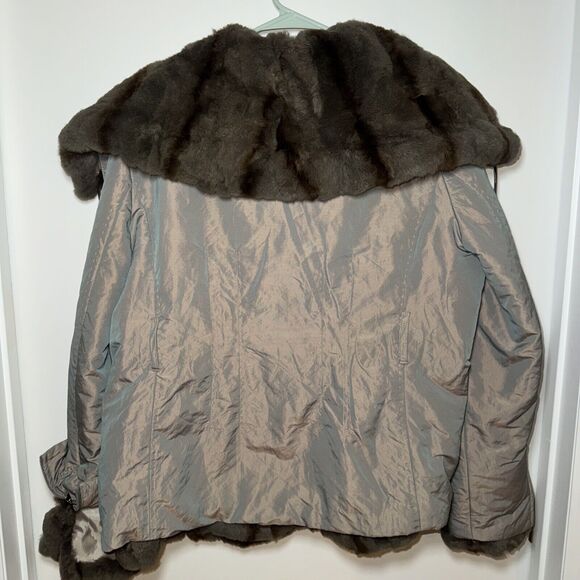 2 In 1 Iridescent Womens Coat Real Rabbit Fur Removable Vest Coat XL L GreenGold - Picture 3 of 11